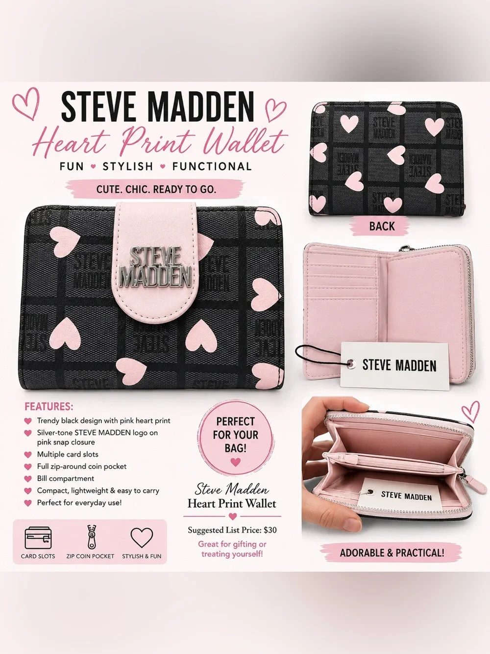 Steve Madden Black Wallet with Pink Heart Print
